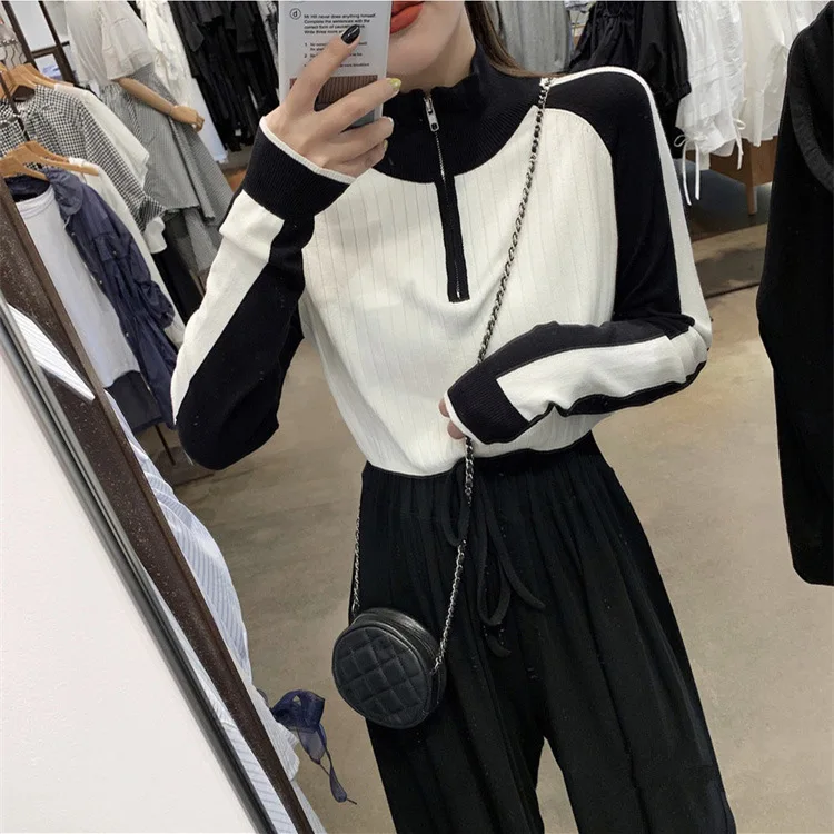 

Women Fashion Sweatshirt Long Sleeve Color Block Top Casual Zipper Knit Top for Shopping Daily Wear Streetwear
