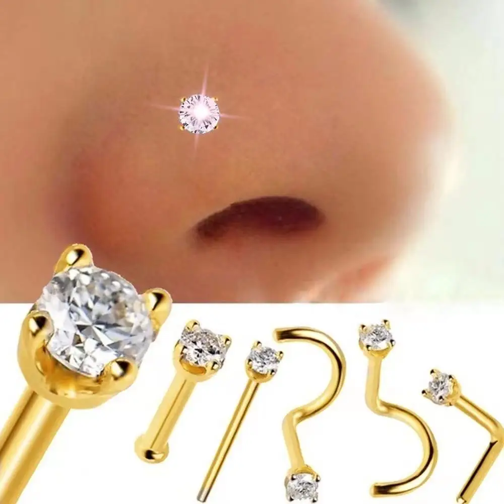 5PCS Stainless Steel Zircon Gem Bone Nose Stud Piercing Earring L Post Nose Ring Set Twist Nose Stud Pack Piercing Nariz Lote