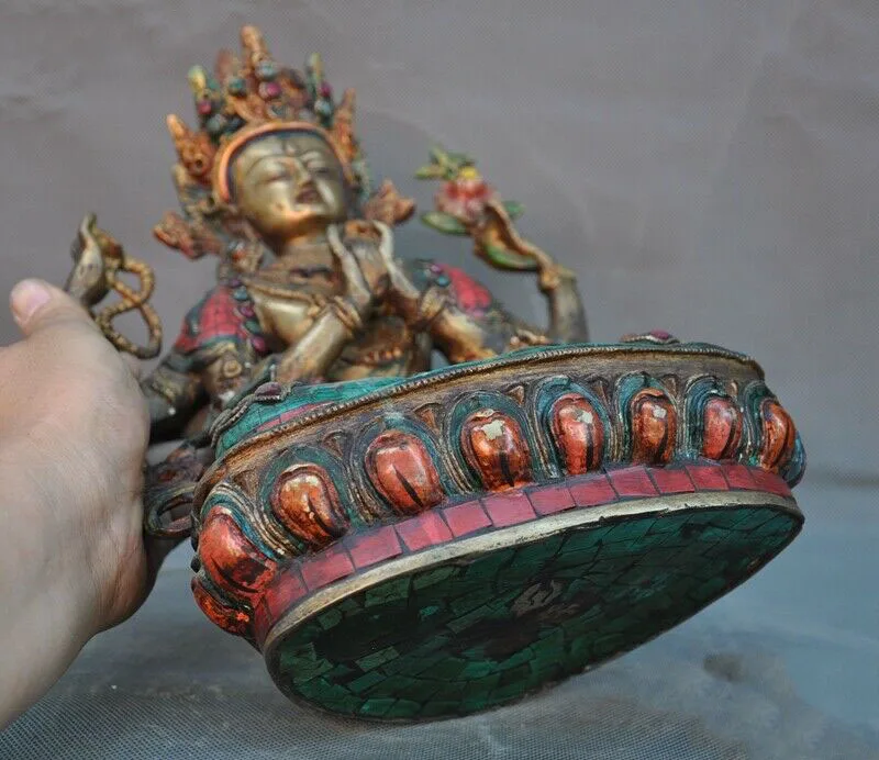 

wedding decoration Tibetan Buddhism Bronze Inlay Turquoise Gem 4 arms Tara Kwan-yin Buddha Statue