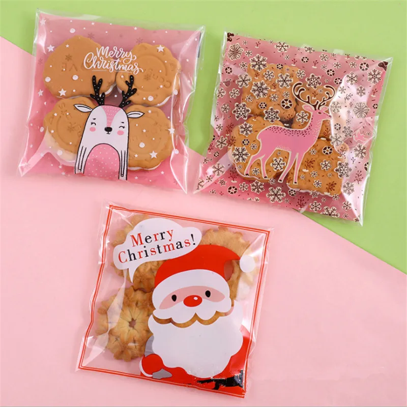

100Pcs 10x10cm Christmas Candy Cookie Gift Bags Plastic Self-adhesive Biscuits Snack Packaging Bags Xmas Party Decoration Favors