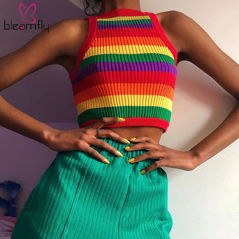 Новинка Зима-осень Женский вязаный свитер в радужную полоску без рукавов с