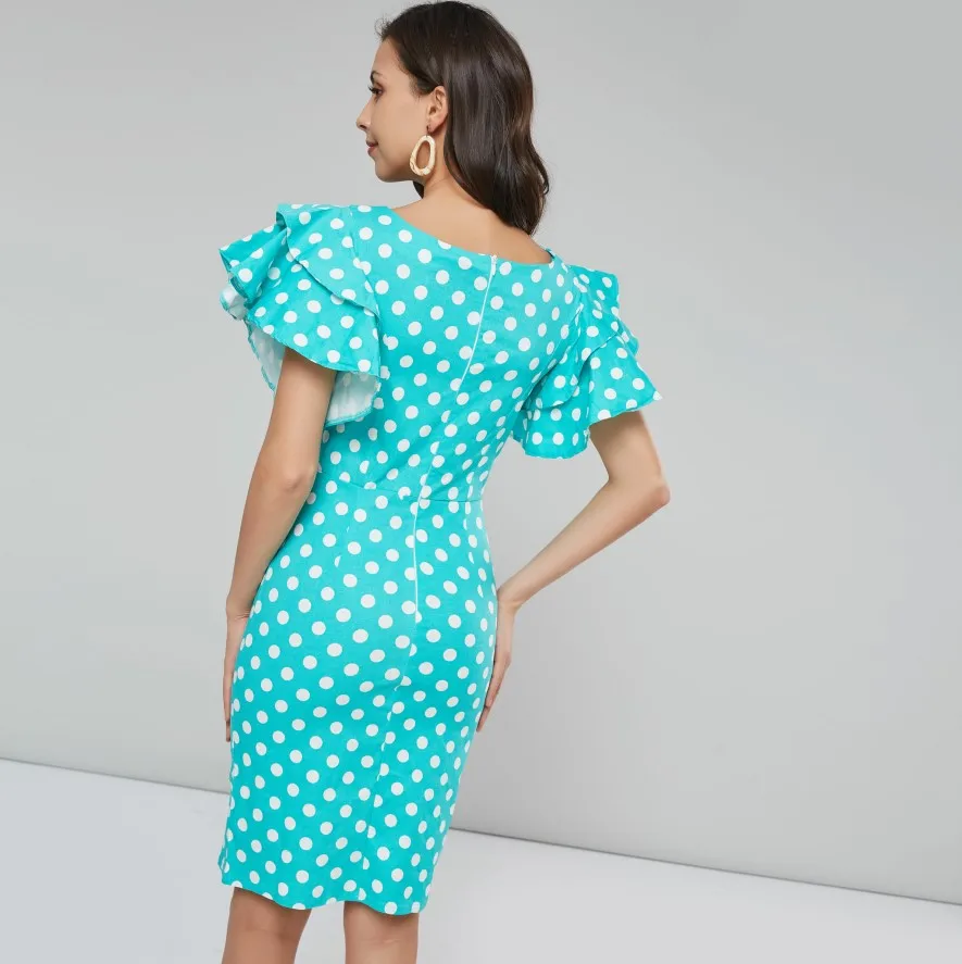 Винтажное платье в горошек женское облегающее 2XL Ретро стиль с рюшами на рукавах