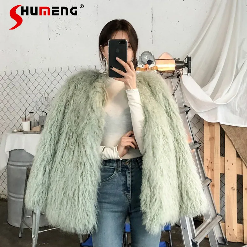 

2021 Autumn and Winter New Elegant Faux Fur Coat Female Fashion Solid Color Round Neck Loose Cardigan for Women