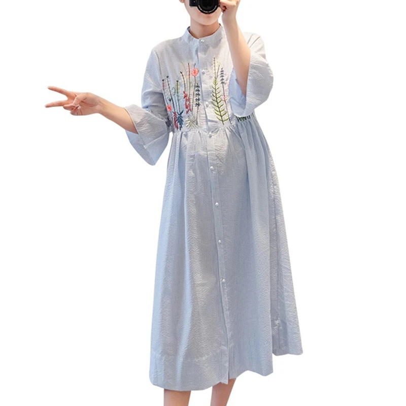 

Summer Dress Vestidos Maternity Dresses Women Clothes Striped Embroidery Long Dress for Pregnant Women Pregnant Maternity Dresse