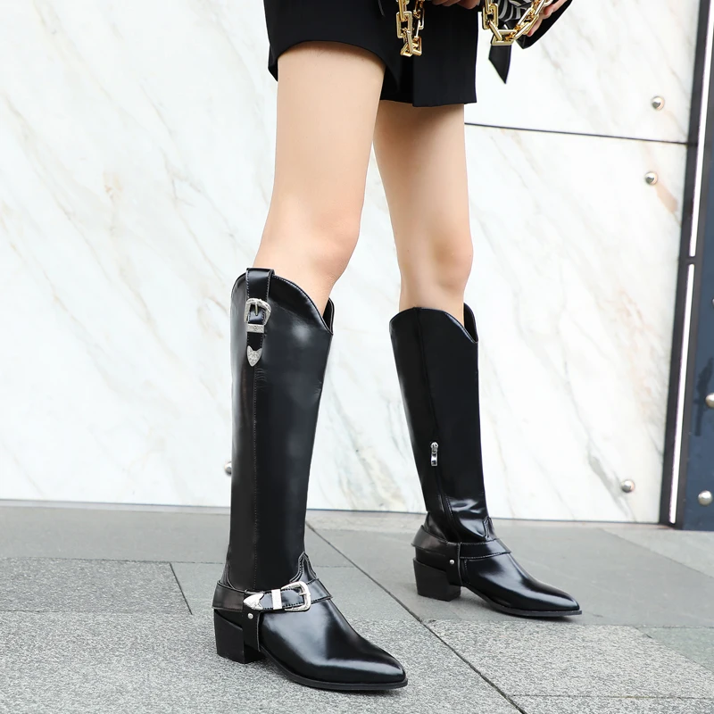 

Metal Decor Pointed Toe Women Long Boots Patent Leather Knee High Boot 5CM Chunky High Heel Botas Mujer 33-42