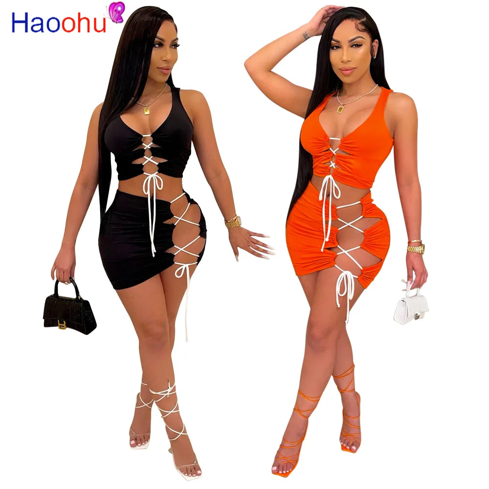 

HAOOHU Summer Lace Up Women's Set Sexy Club Crop Tops and Midi Mini Skirts Active Wear Tracksuit Two Piece Set Fitness Outfit