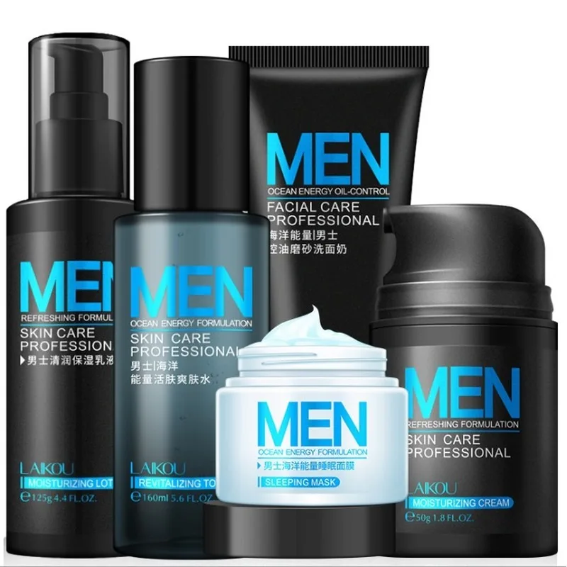 LAIKOU Men Skin Care Set Moisturizing Acne Treatment Oil Control Shrink Pores Day Face Cream 5PCS Male Face Care Set