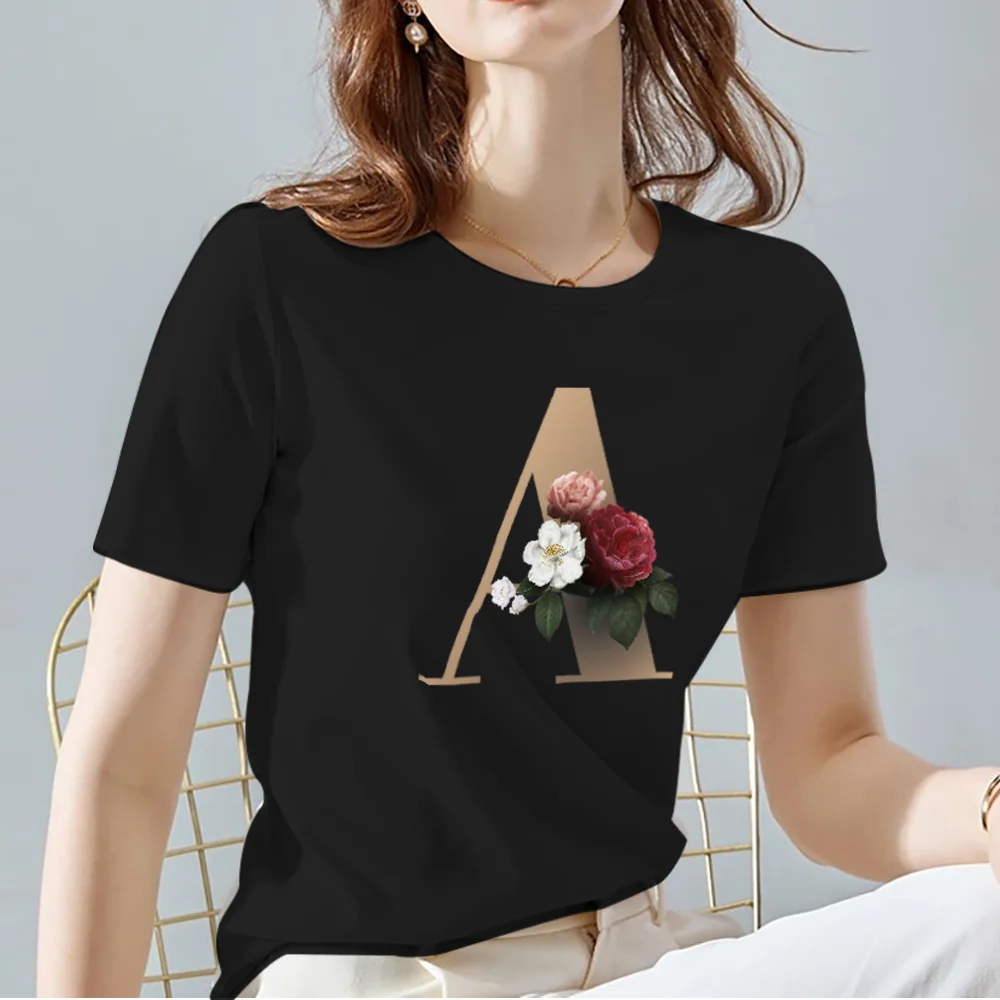 

Women T-shirt Black Commuter Printed Ladies Tshirt Fashion English 26 Letter Pattern Series Tops Tee Female Summer Short Sleeve