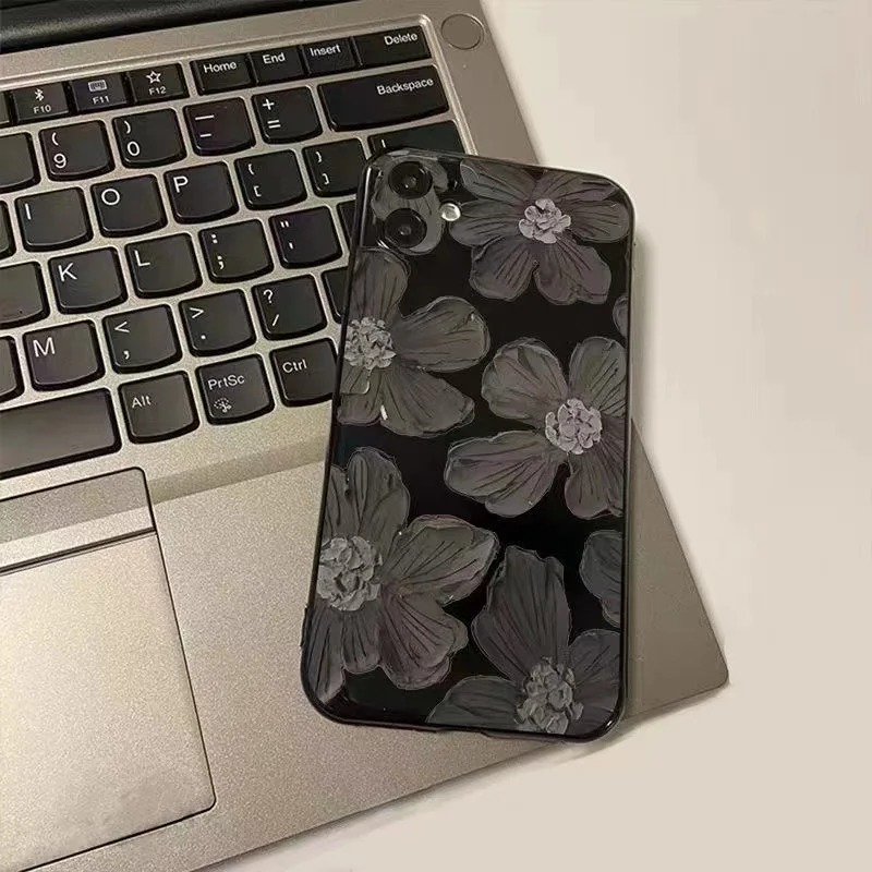

Premium Bright Black Oil Painting Flower Apple 11 Mobile Phone Case 12promax/13 Stain Resistant Xr/8plus/xs/7p/6/x