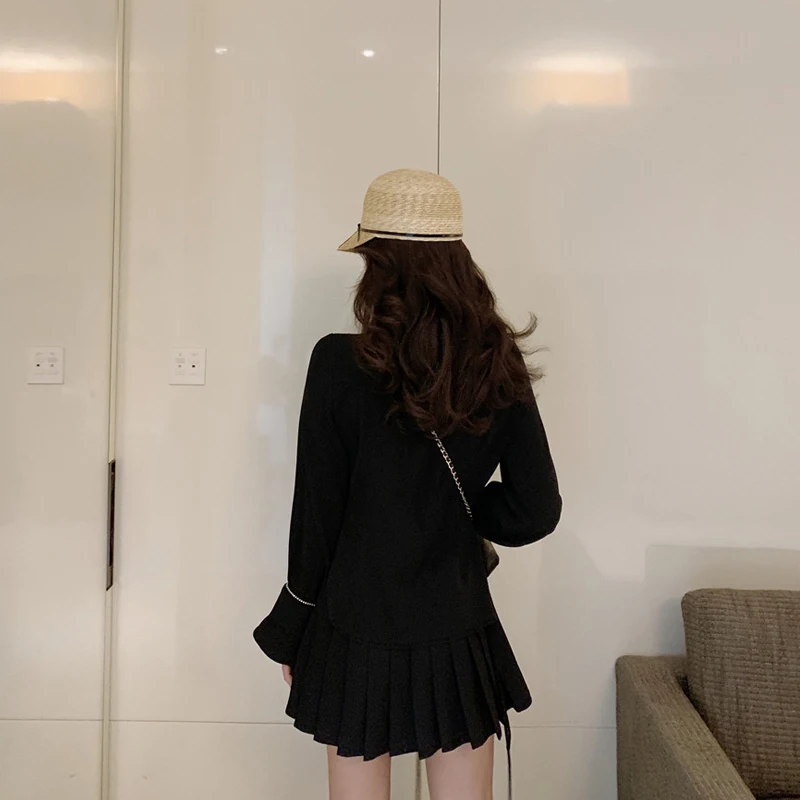 High Street Sets Women Black Asymmetrical Jacket Tops + Waist Pleated Skirt Spring Autumn New Vintage Fashion Two Piece Set |