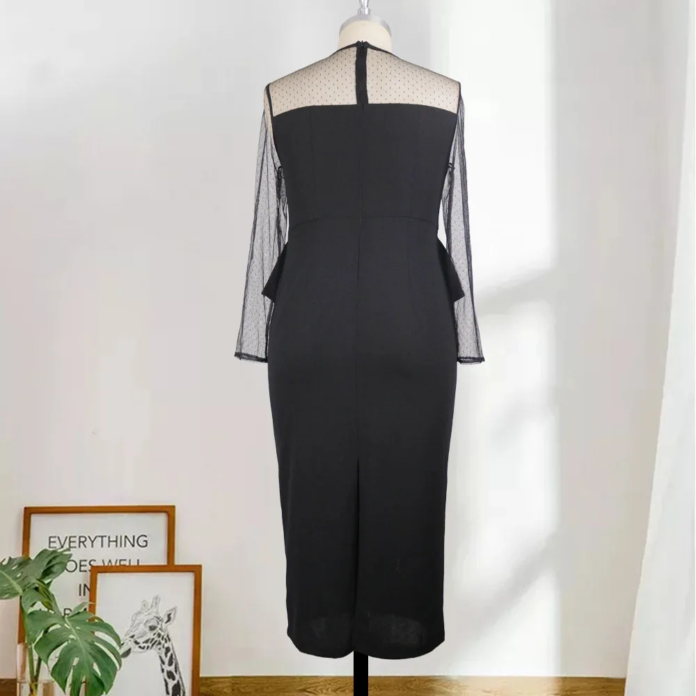 

Round Neck Sexy Splicing Perspective Net Yarn Ruffle High Waist Solid Color Oversize African Women's Dress 2021 Summer New