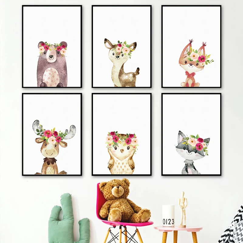 Картина на холсте с изображением лесных животных декор для детской комнаты милый