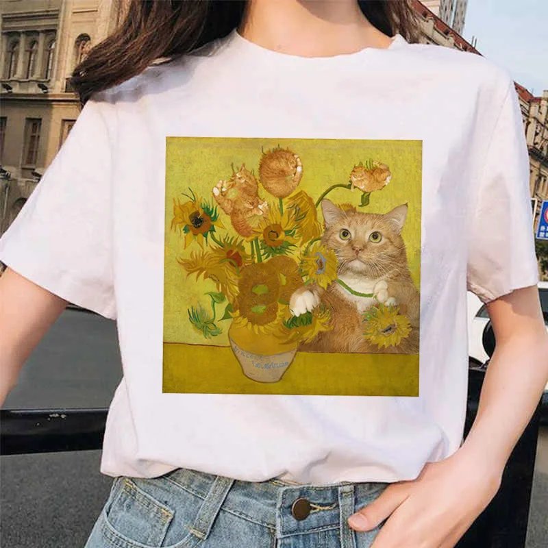 Van gogh женская футболка с рисунком кота, Рисунок маслом, решетка, принт, новая милая женская футболка, Повседневная футболка Harajuku, забавная футболка ulzzang grunge - Цвет: 9259