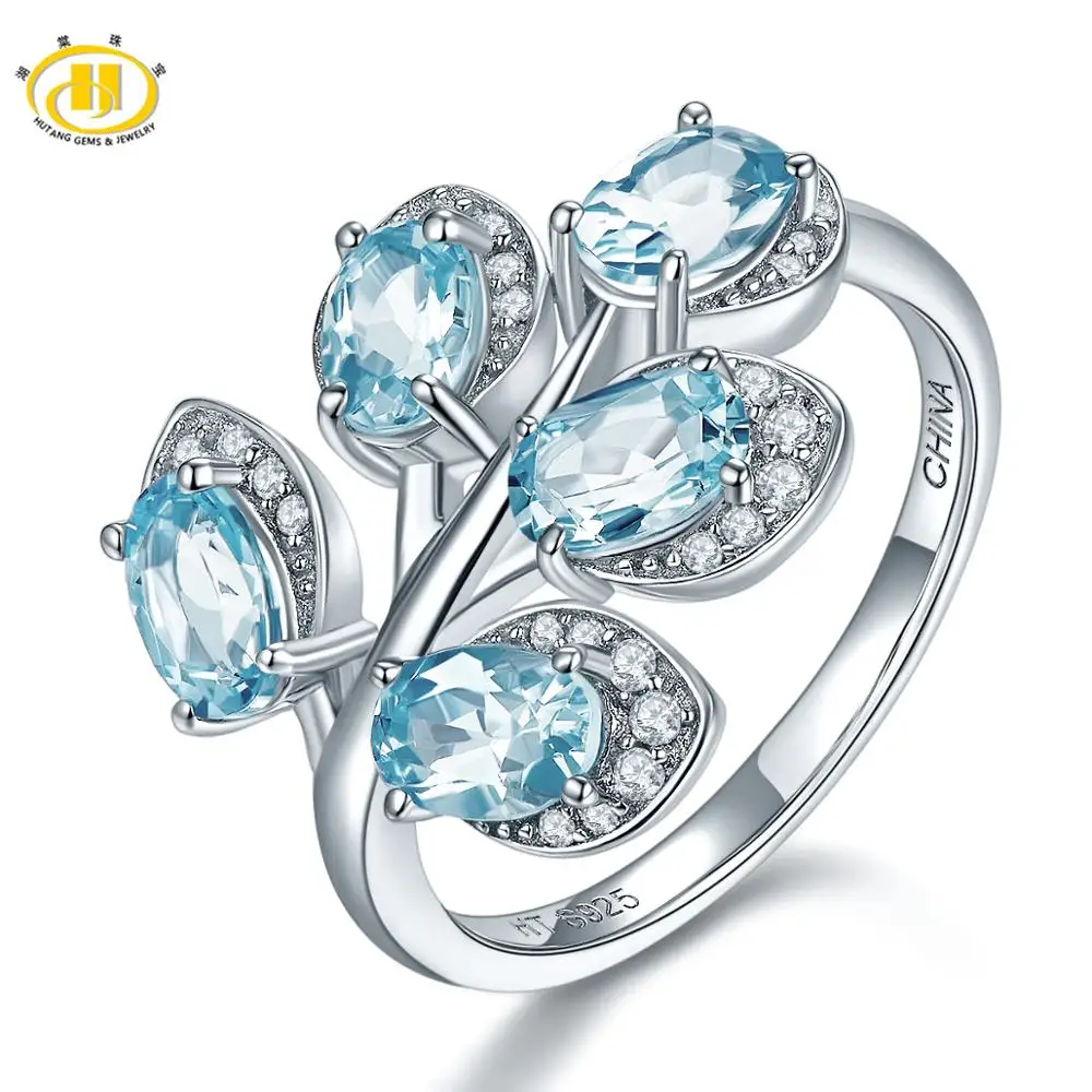 Blue Topaz Hutang натуральный драгоценный камень Небесно Голубой топаз кольца твердые 925 пробы Серебряный лист кольцо ювелирные украшения элегантный дизайн для женщин подарок - Цвет камня: Blue Topaz