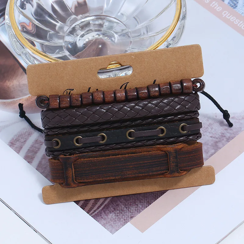 

AJC Punk new jewelry retro hand woven 4 pieces of cowhide bracelet men jewelry DIY leather bracelet