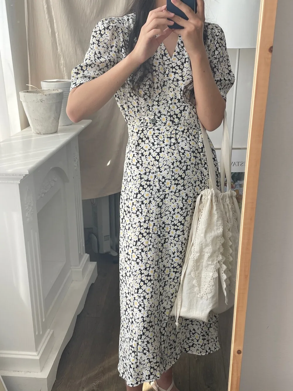 

Korejpaa Women Dress 2021 Summer Korean Chic Gentle Temperament V-Neck Cross Tie Waist Full Screen Daisy Puff Sleeve Vestidos