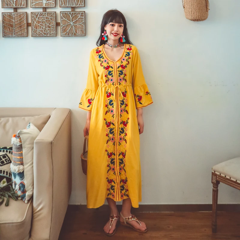 

2021 New Fashion Designer Runway Party Midi Dress Women's Heavy Embroider Elegant Holiday Puff-Seleeve Dress Large Size Robe