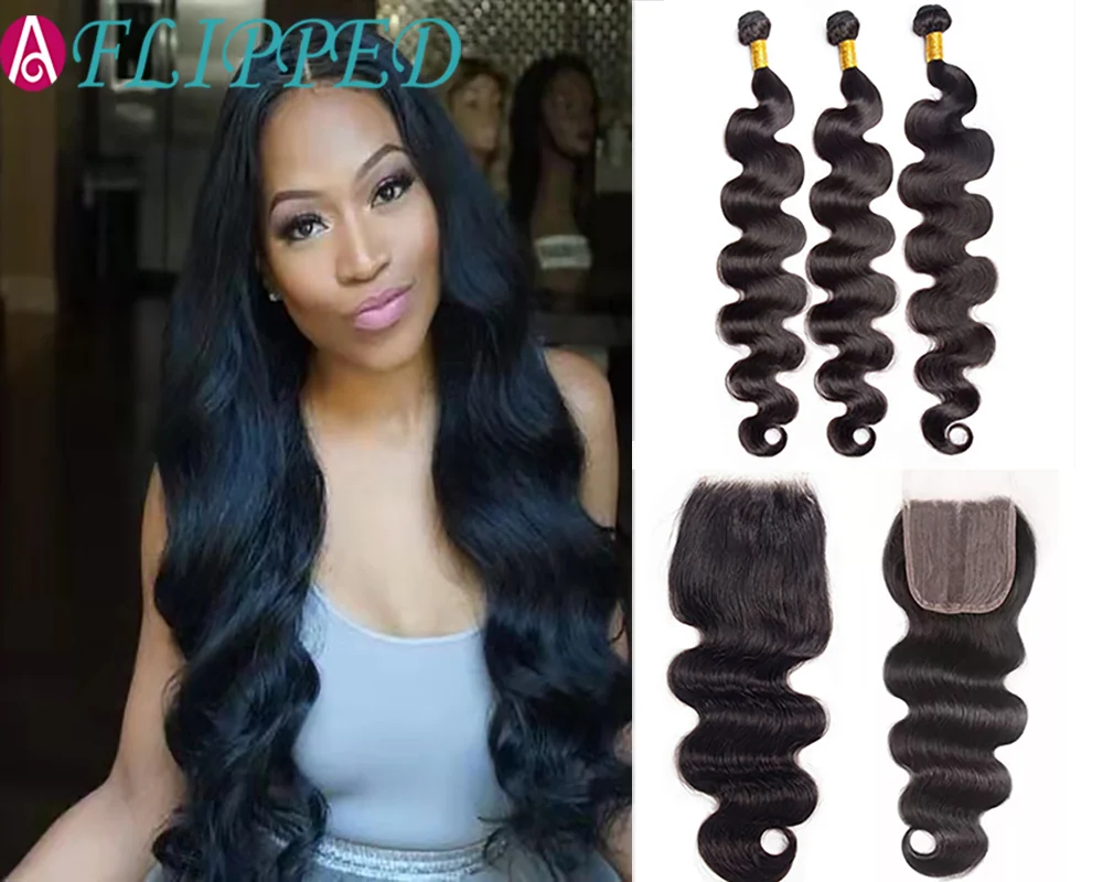 

8-40"Body Wave Bundles With Closure Brazilian Remy Human Hair Bundles With Closure 3 Bundles With T Part Closure Remy Human Hair