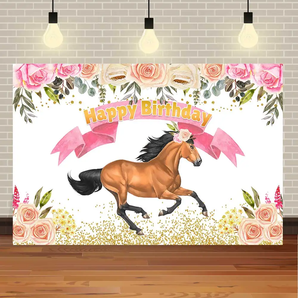 

NeoBack с днем рождения лошадь пони Акварельные Цветы золотой блестящий красочный Фотофон
