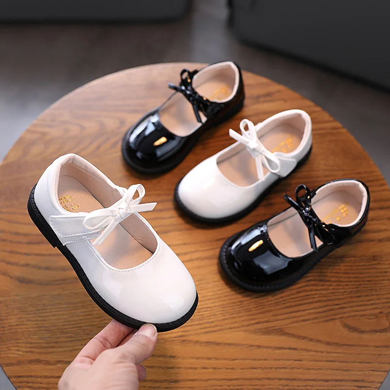 

Grils White Bow Casual Leather Shoes New Size 23-33 Kids Sweet Princess Round Head Black Children Flat Bottom Shoes