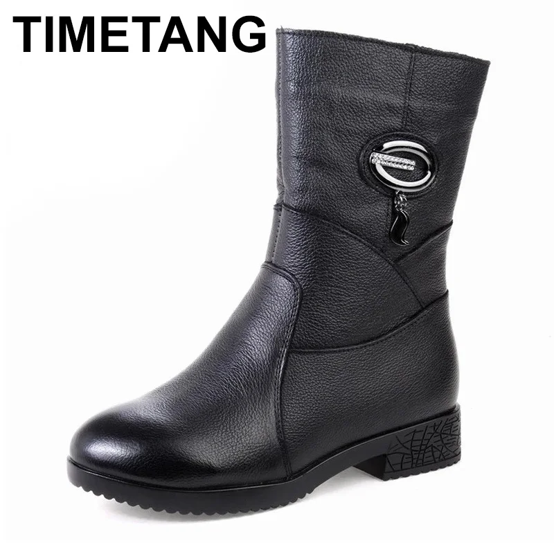 

TIMETANG 2021 Women Winter Boots Genuine Leather Zipper Square Heel Thick Plush Warm Snow Boots Women Low Heel Mid Calf Boots