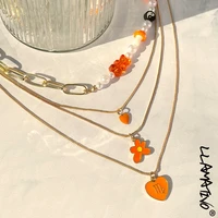 y2k multi layer orange heart flower asymmetric%c2%a0beaded necklace for women gummy bear pearl metal chain choker necklaces jewelry