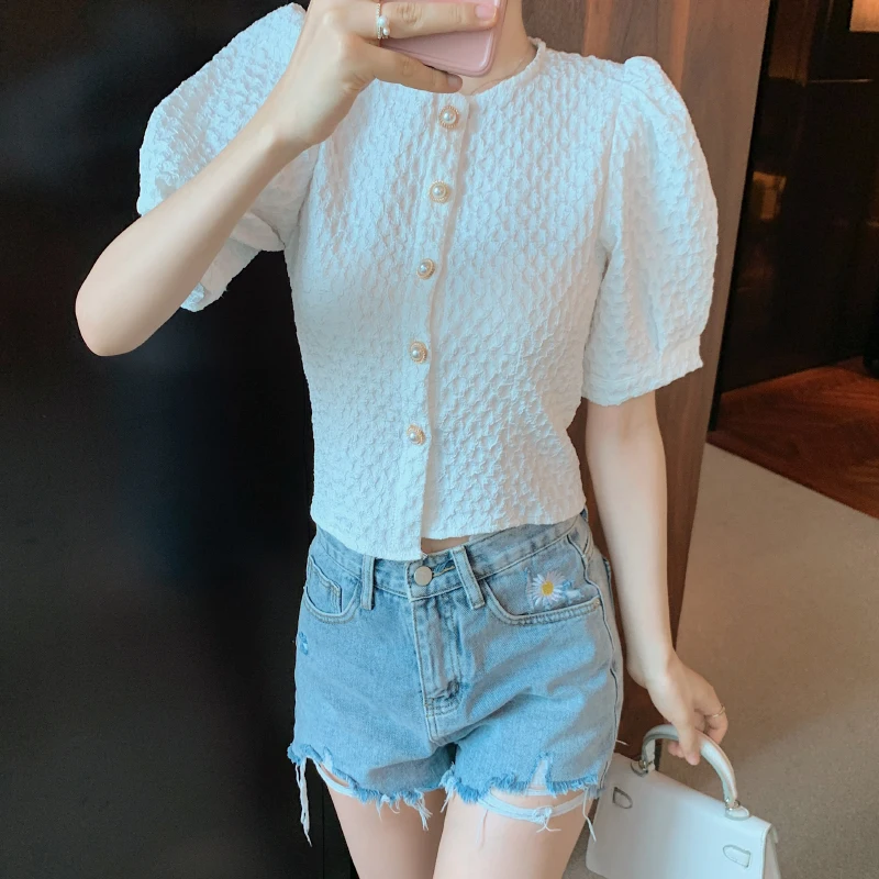 

white shirt female summer short-sleeved design sweet hubble-bubble sleeve women cardigan tops 1038#