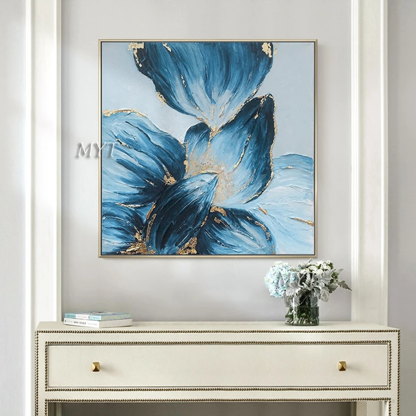 100% ручная роспись Золотая фольга текстурированный цветок картина маслом холст