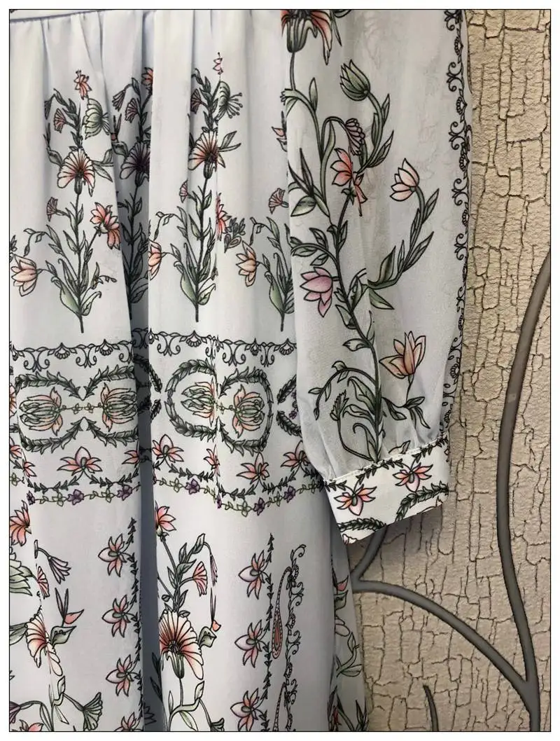 

2021 Spring New Summer Runway Style Dress Women V-Neck Elegant Flower Print White Lace Patchwork Long Sleeve Blue Dress Female