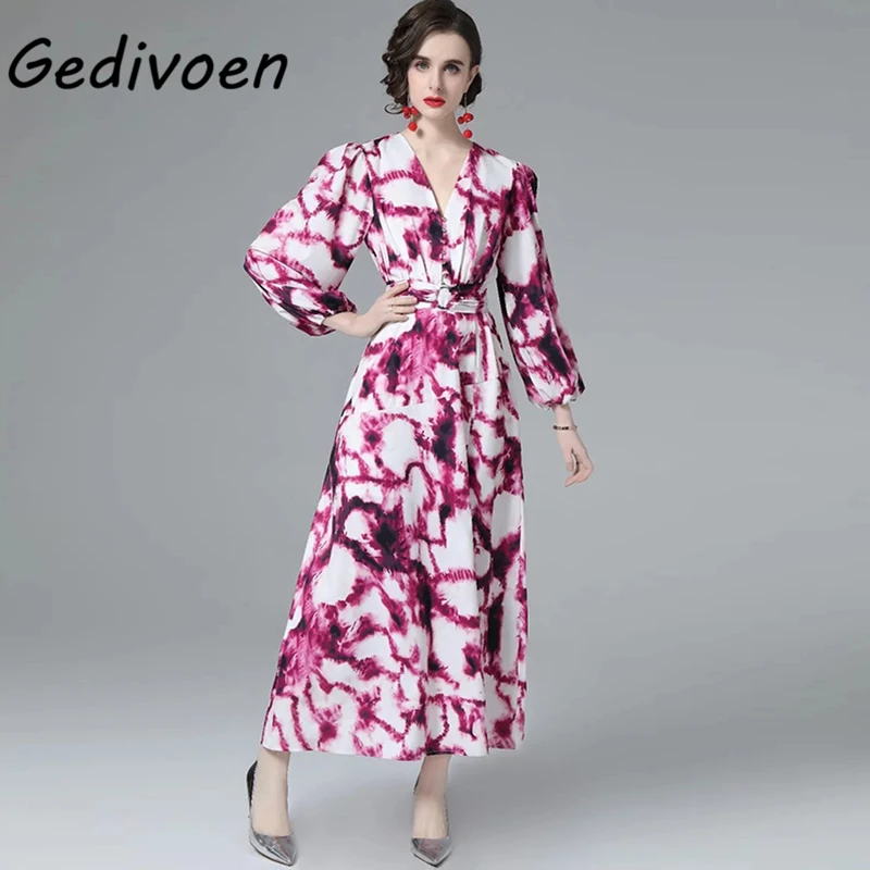 

Gedivoen Fashion Woman Spring Autumn Elegant Long Dress V-Neck Print High Waist Lace Up Split Ankle-Length Dresses Vestdios