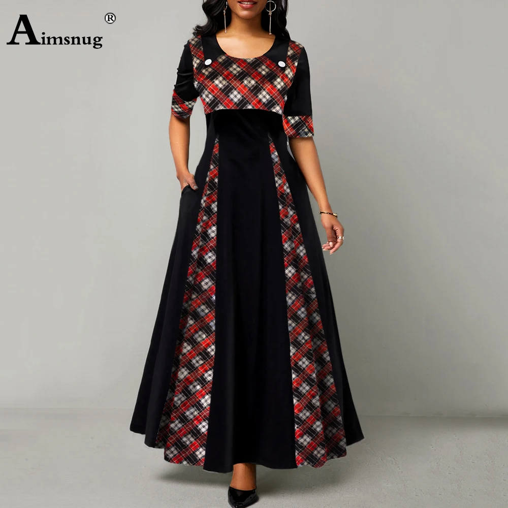 

Plus size 5xl Women Elegant Long Dress O-Neck England Style Patchwork Print Party Dresses 2020 Femme Vintage Loose Maxi Dress