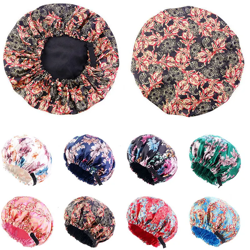 

Free Satin Adjustable Printed Night Cap Women Turban Hat Nightcap Printing Night Cap Double-layer Shower Cap Chemotherapy Cap