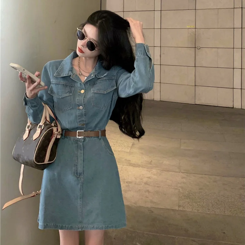 

Элегантное французское ретро платье ранней осени 2021 новинка Женская шикарная джинсовая трапециевидная юбка с узкой талией и длинным рукав...