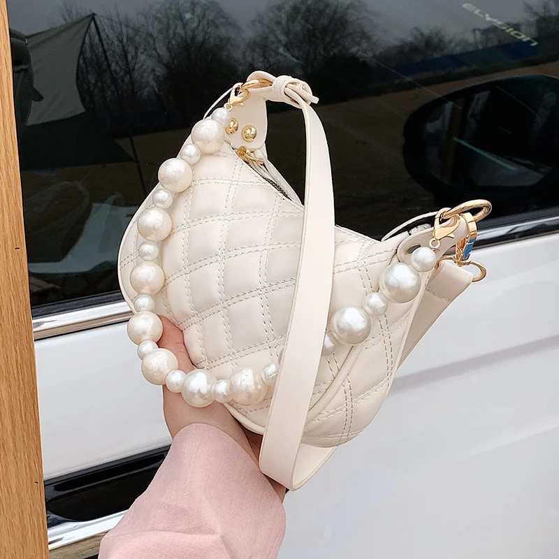 

Beaded Pearl Chain Mini PU Leather Handbags for Women 2021 Ladies Fashion Simple Shoulder Armpit Crossbody Bags Luxury Brand