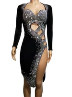 chinese cheongsam black hollow out dress rhinestone evening dress lady sexy bodycon dress prom birthday party outfit stage dress