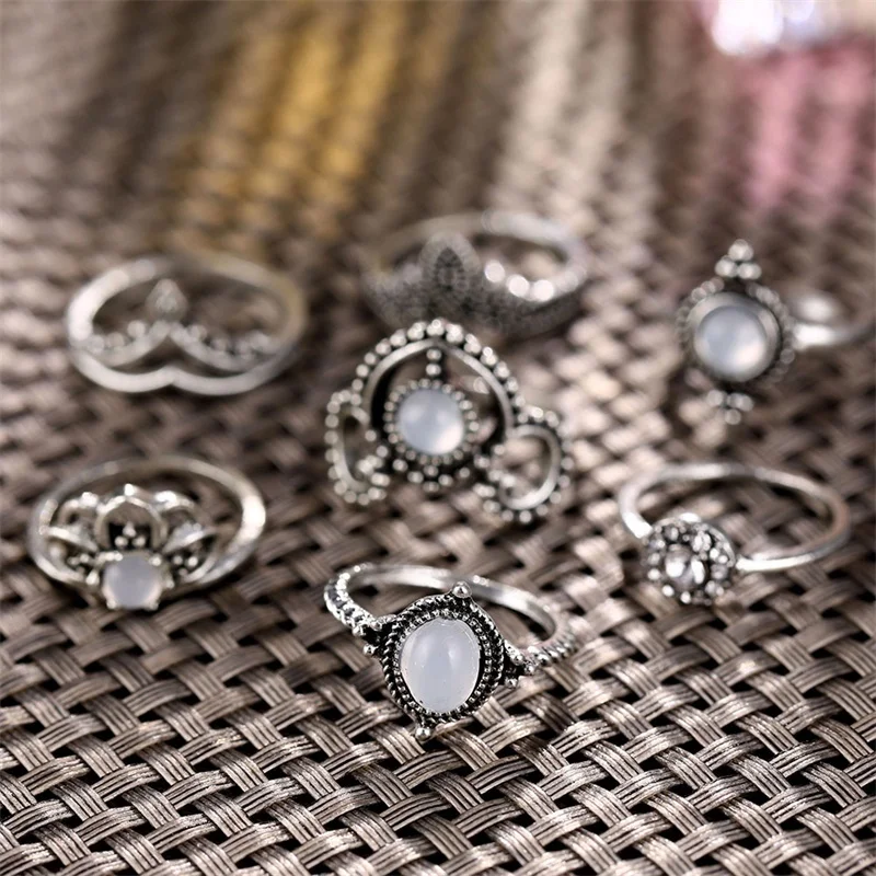 Набор Колец FNIO 12 шт./компл. в богемном стиле ретро с опалом лотосом и кристаллами