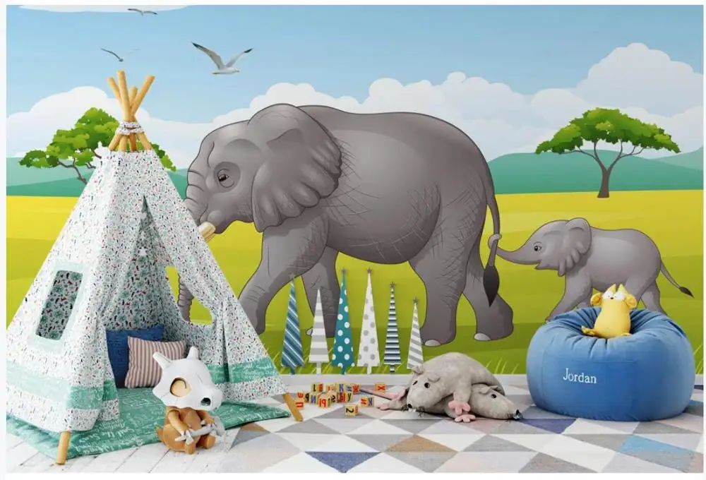 Custom photo wallpaper for walls 3 d Hand drawn cartoon elephant forest green fresh children's room background wall papers |