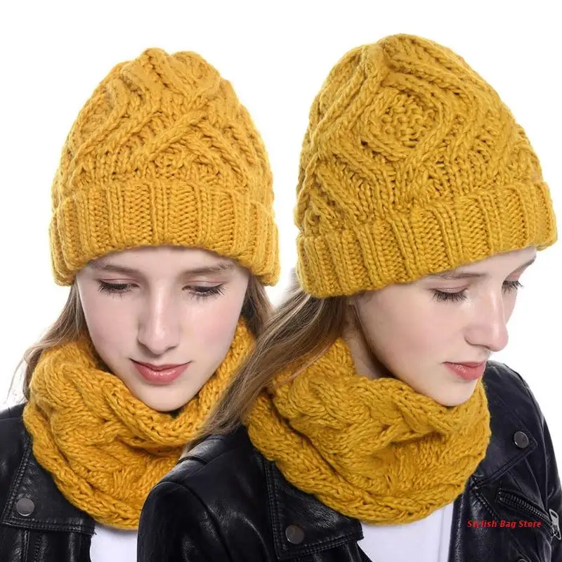 

Зимняя теплая однотонная Вязаная Шапка-бини из 2 предметов и набор бесконечного шарфа