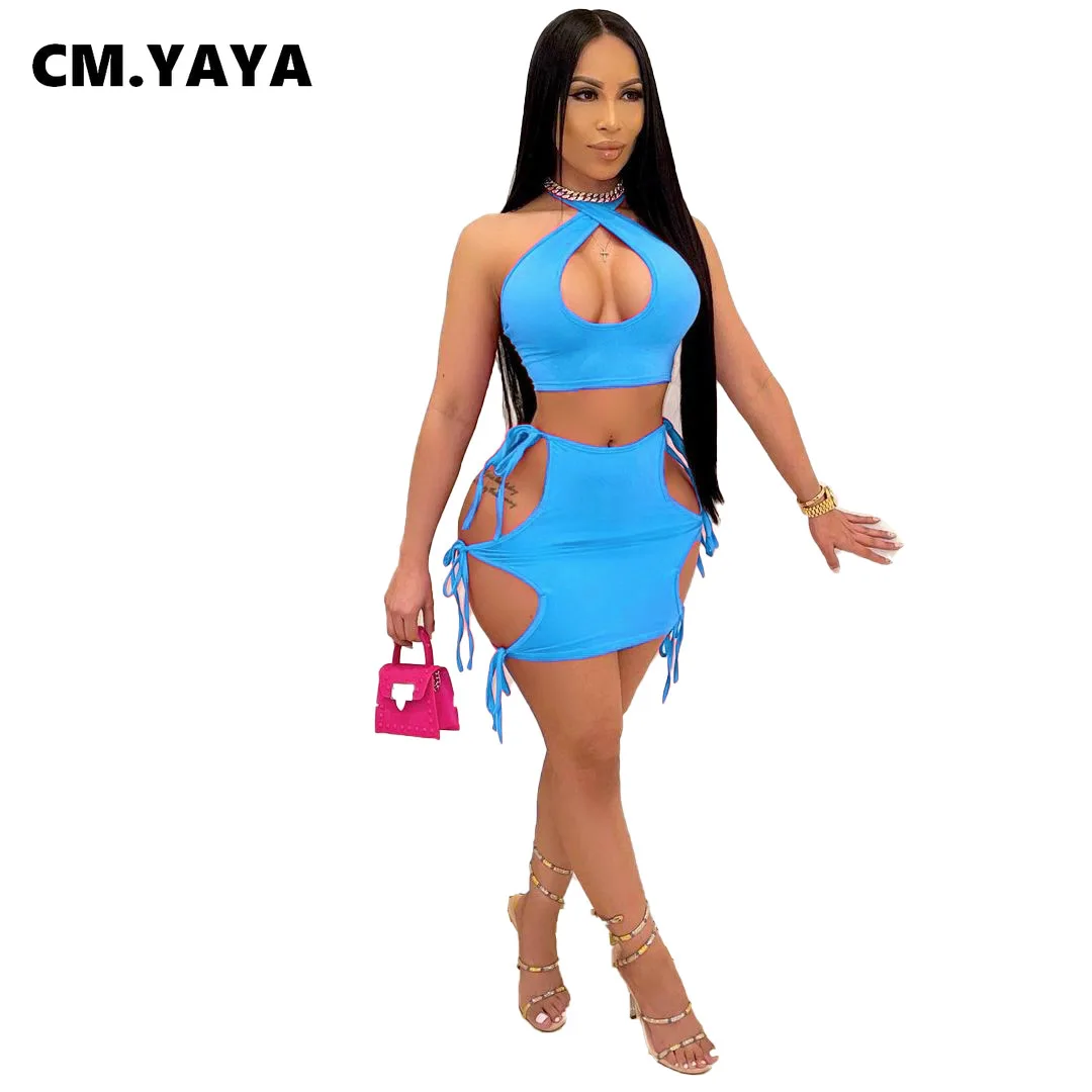 Женский пляжный костюм-двойка CM.YAYA короткий топ и мини-юбка на шнуровке 5 цветов -