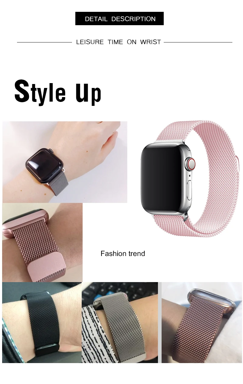 Светильник с розовой Миланской петлей, 40, 44 мм, ремешок для Apple Watch, серия 5, 4, браслет для девочек, женский браслет, I phone Watch Series 2, 3 полосы