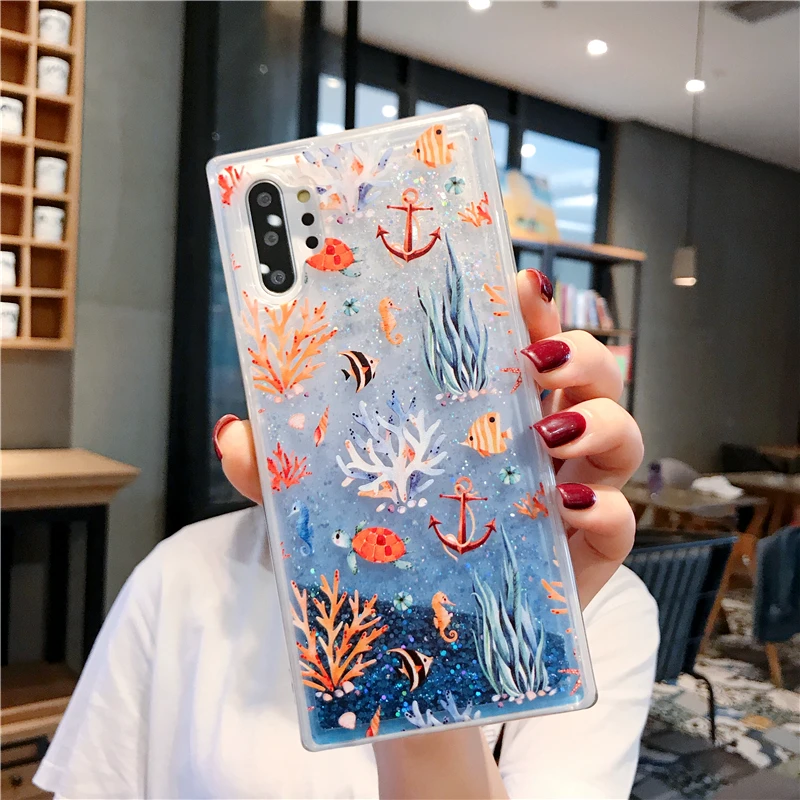 For Samsung Galaxy Note 10 Plus Protective Case Liquid Quicksand Sea Coral Blue Dolphin Pro Shell Cover |