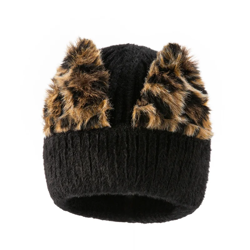 

New fashion adult hat with leopard ears, warm autumn and winter ladies woolen hat