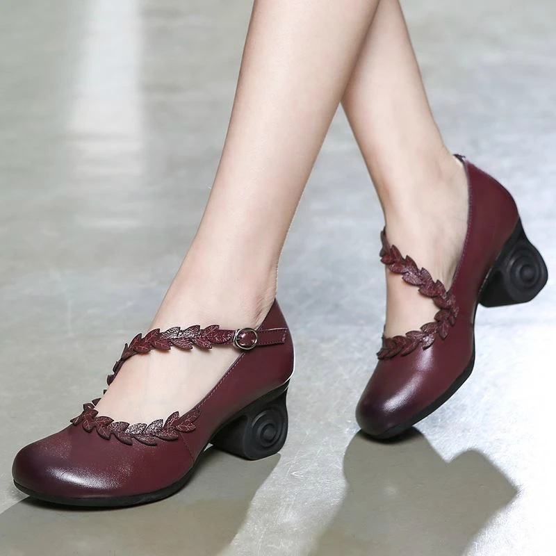 

New Women RetroElegant Pumps Genuine Leather Platform Square Heel Round Toe Leaf Buckle Casual Ladies Shoes Zapatos De Mujer