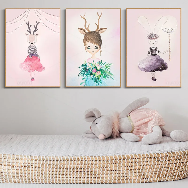 Розовый детский настенный художественный постер с кроликом и оленем для девочек