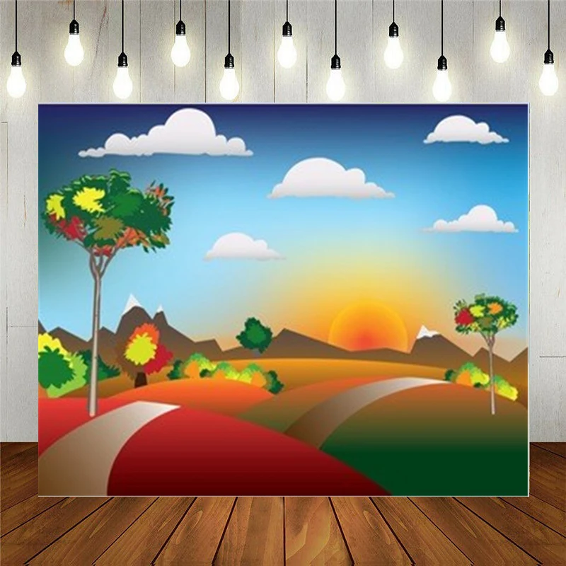 

Nitree Photo Studio Props Vinyl Photography Backdrop For Kids Birthday Decoration Cartoon Autumn Landscape In The Sunset