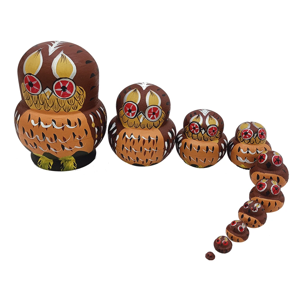 

10 Pieces Russian Matryoshka Cartoon Lovely Owl Nesting Dolls, Hand Painted Figurines, Wooden Stacking Dolls for Home Decoration