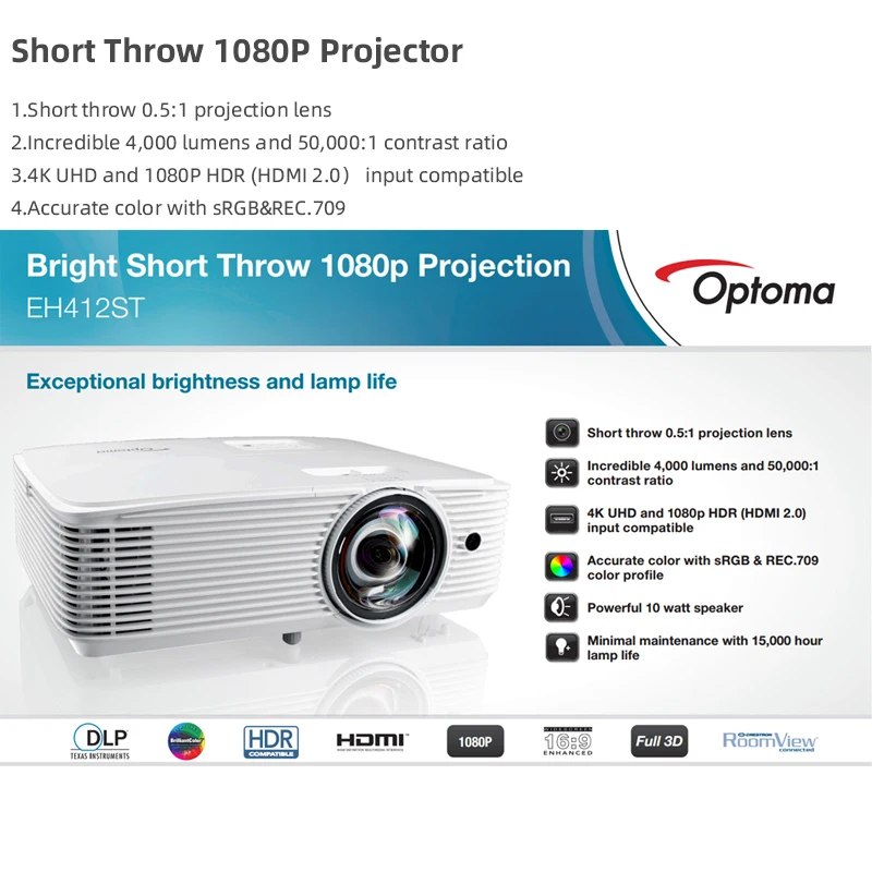 Короткий проектор Optoma EH412ST Blu-Ray 3D для офиса домашнего кинотеатра 1080P FULL HD