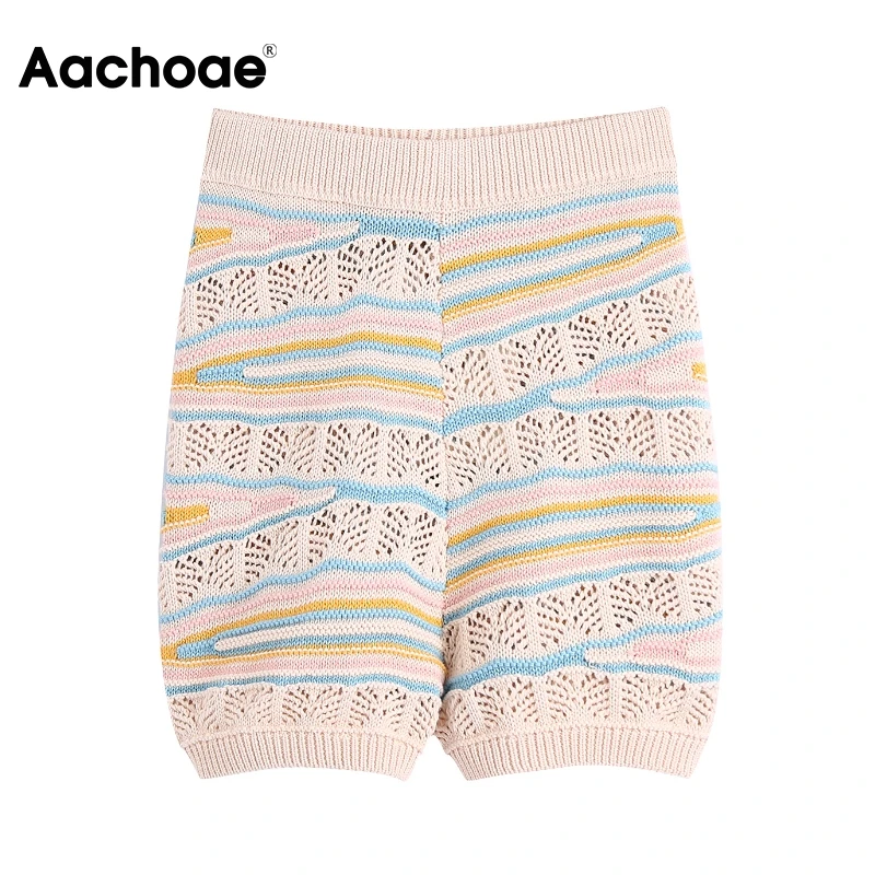 

Aachoae Women Striped Knitted Hollow Out Shorts Fashion High Waist Knee Lenght Shorts Female Elastic Waist Summer Shorts Mujer