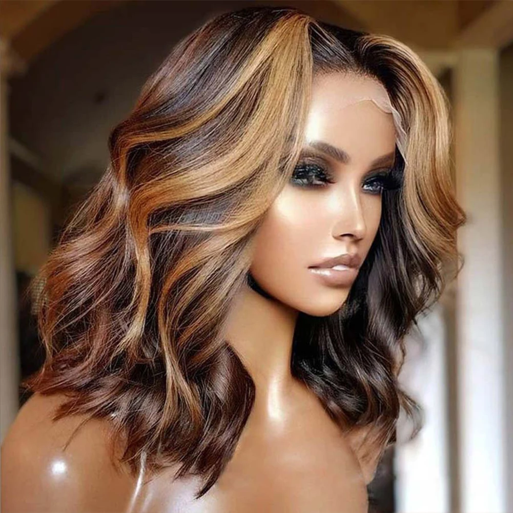 Highlights Color Human Hair Wigs Brown Short Bob Wig For Women 13x4x1 T Part Lace Wigs Brazilian Body Wave Lace Front Wig 180%
