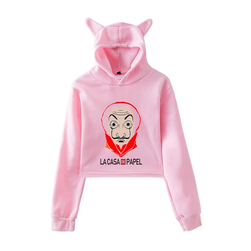 

Harajuku Classic La Casa de Papel Print Hoodie Women Long Sleeve Cat Ear Hoodies Sweatshirts Sexy Crop Funny Top clothes